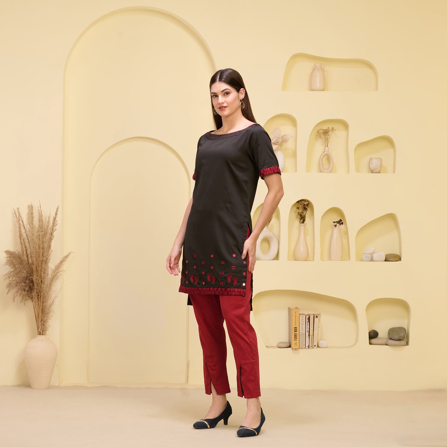 Black and Red Hand Embroidered High-Low Kurta