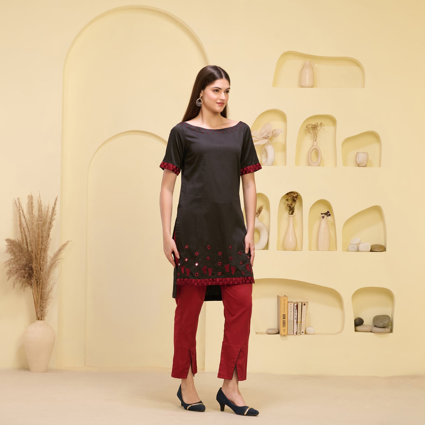 Black and Red Hand Embroidered High-Low Kurta