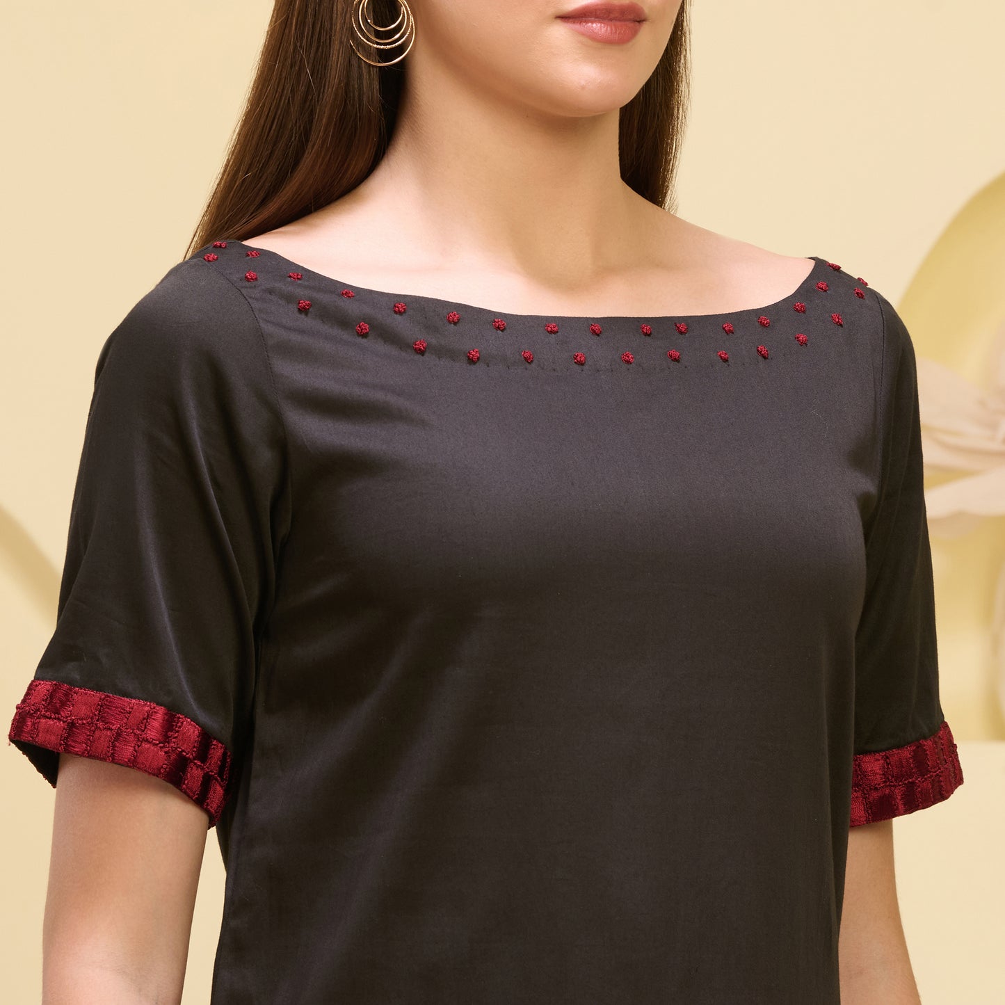 Black and Red Hand Embroidered High-Low Kurta