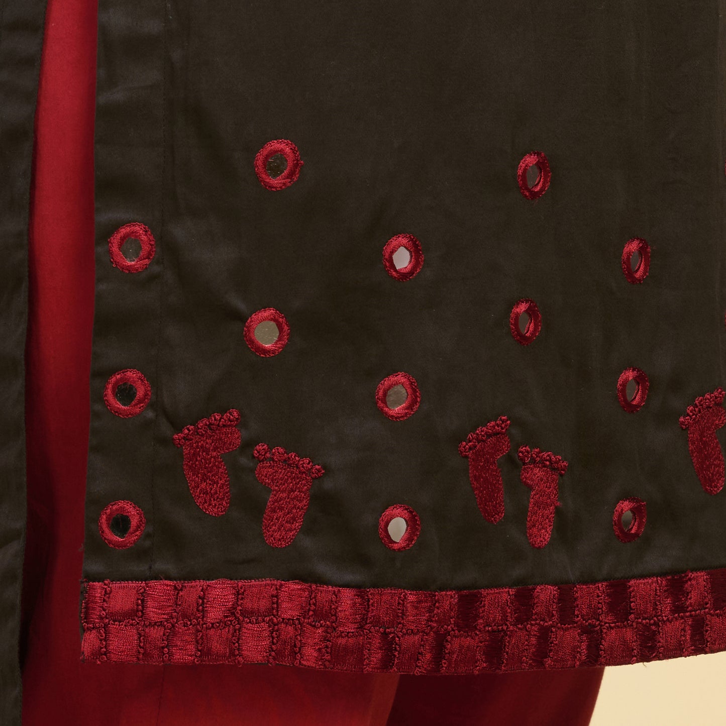 Black and Red Hand Embroidered High-Low Kurta