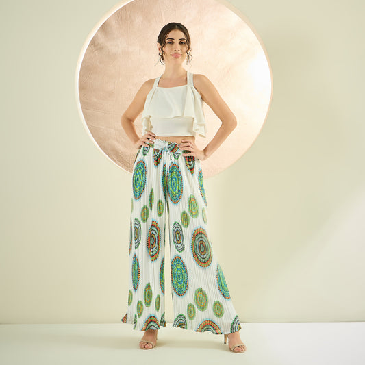 White Geometric Print Pleated Palazzo