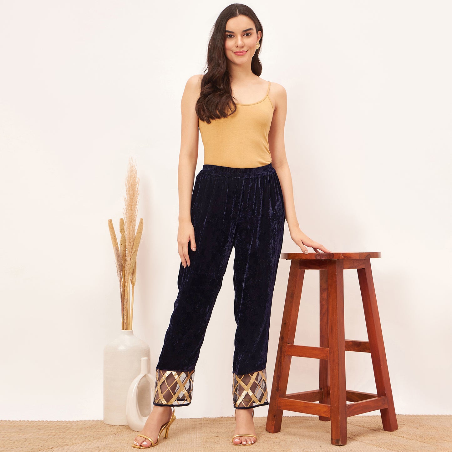 Blue Silk Velvet Straight Pants with Gota Lace Detail