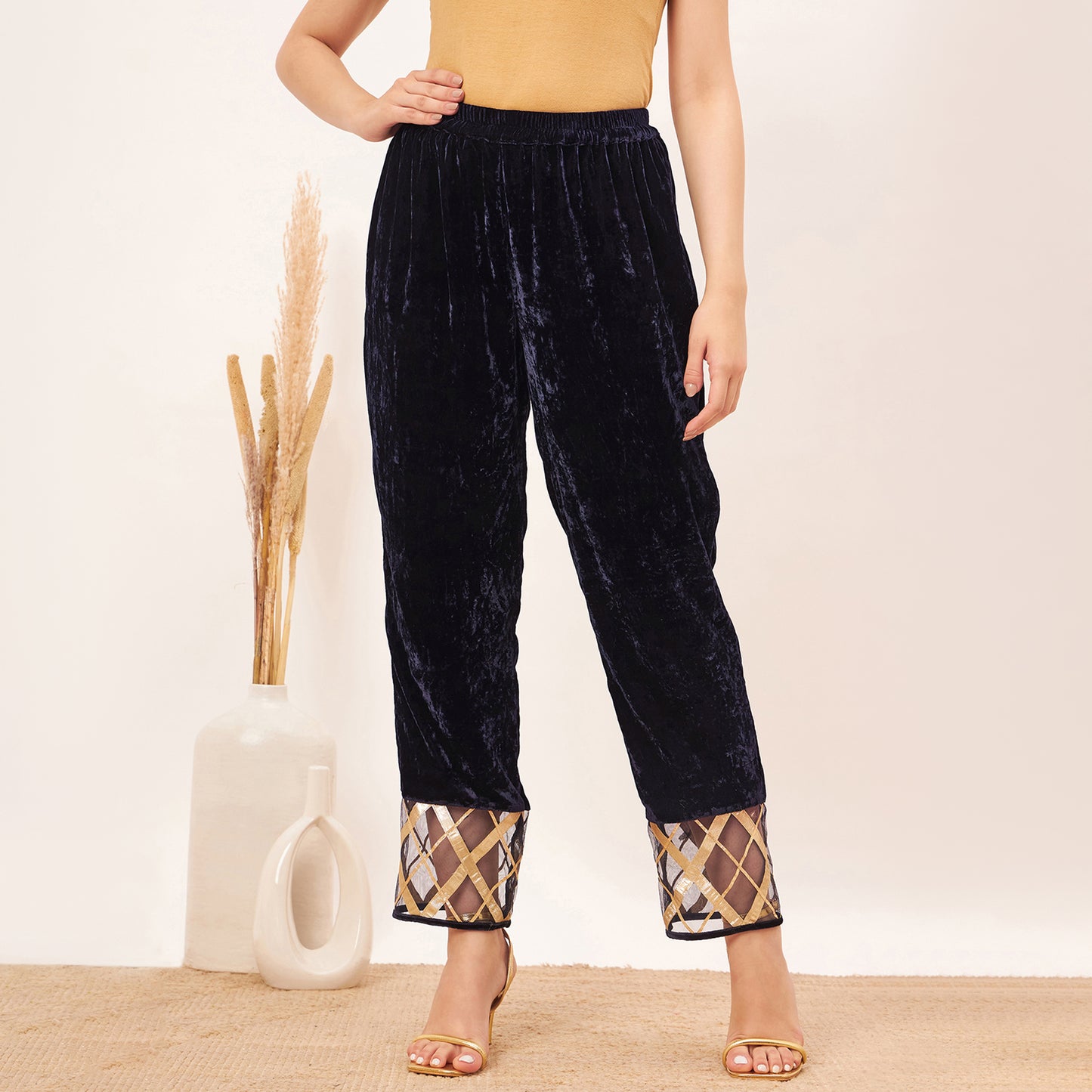 Blue Silk Velvet Straight Pants with Gota Lace Detail