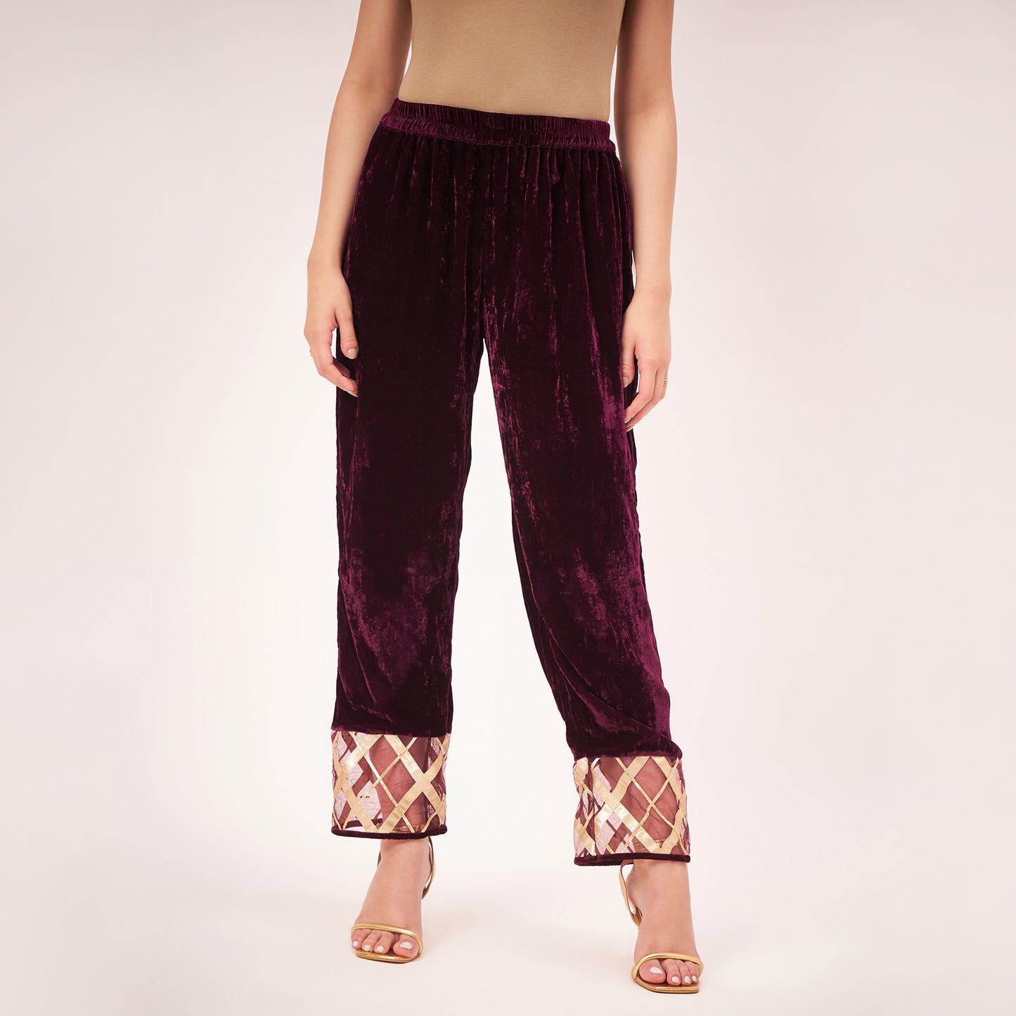 Maroon Silk Velvet Straight Pants with Gota Lace Detail