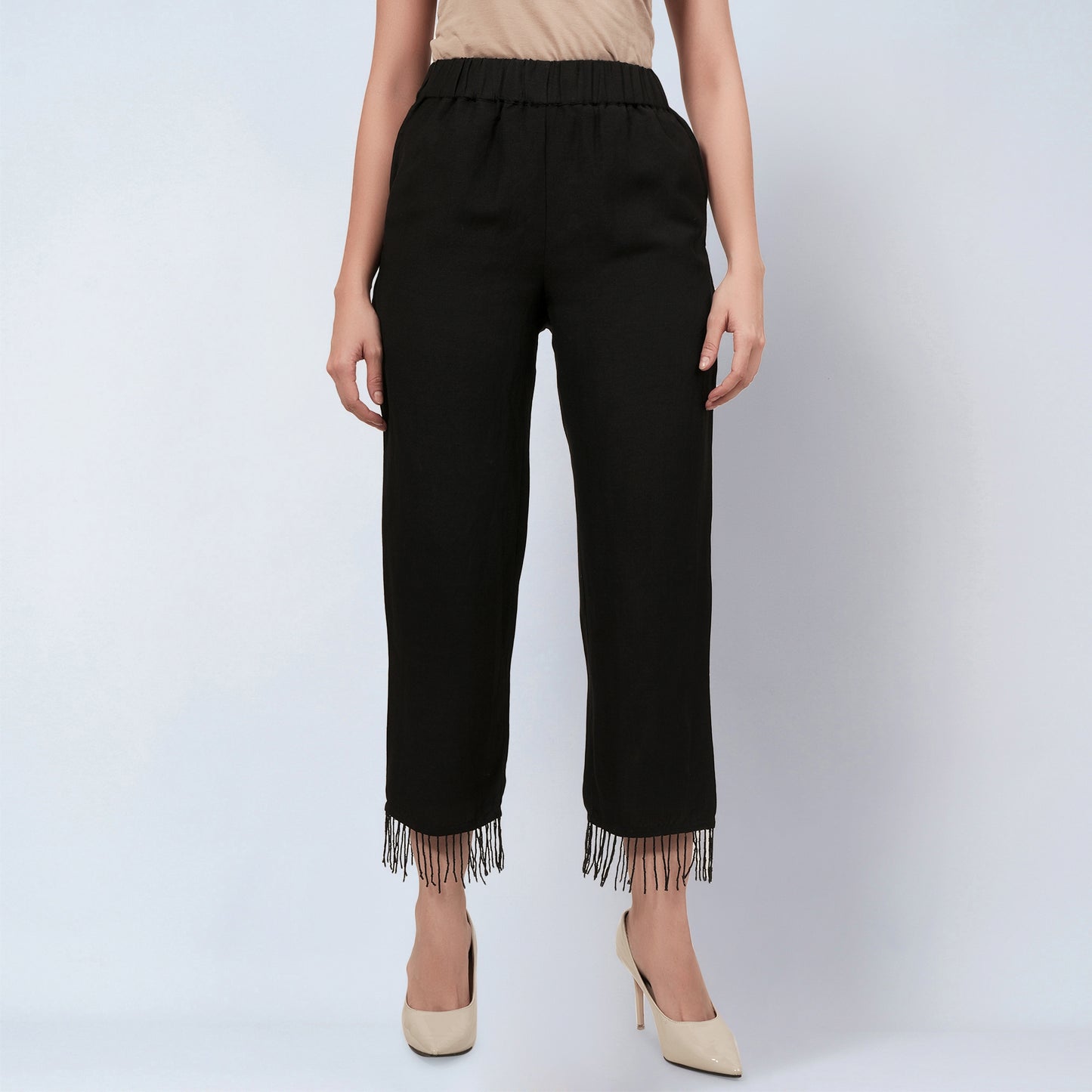 Black Linen Pants with Bead Lace