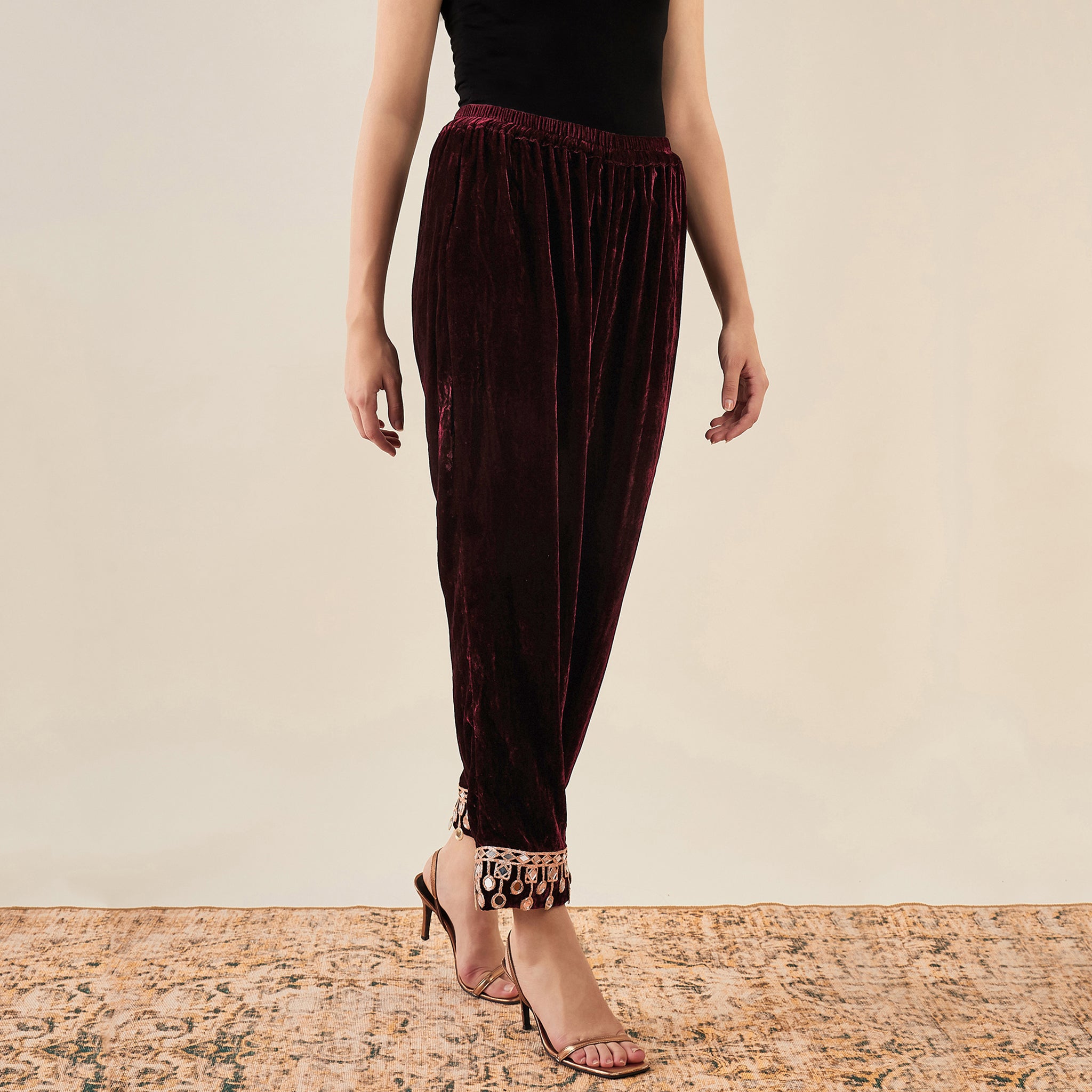 trousers in silk and viscose velvet with beading | forte_forte