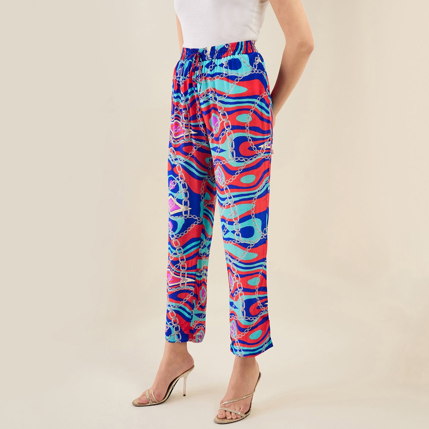 Blue and Red Marine Wave Print Pants