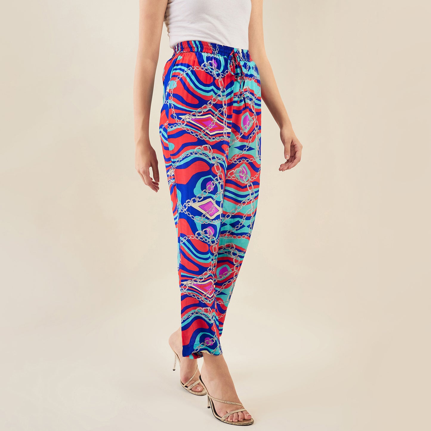 Blue and Red Marine Wave Print Pants