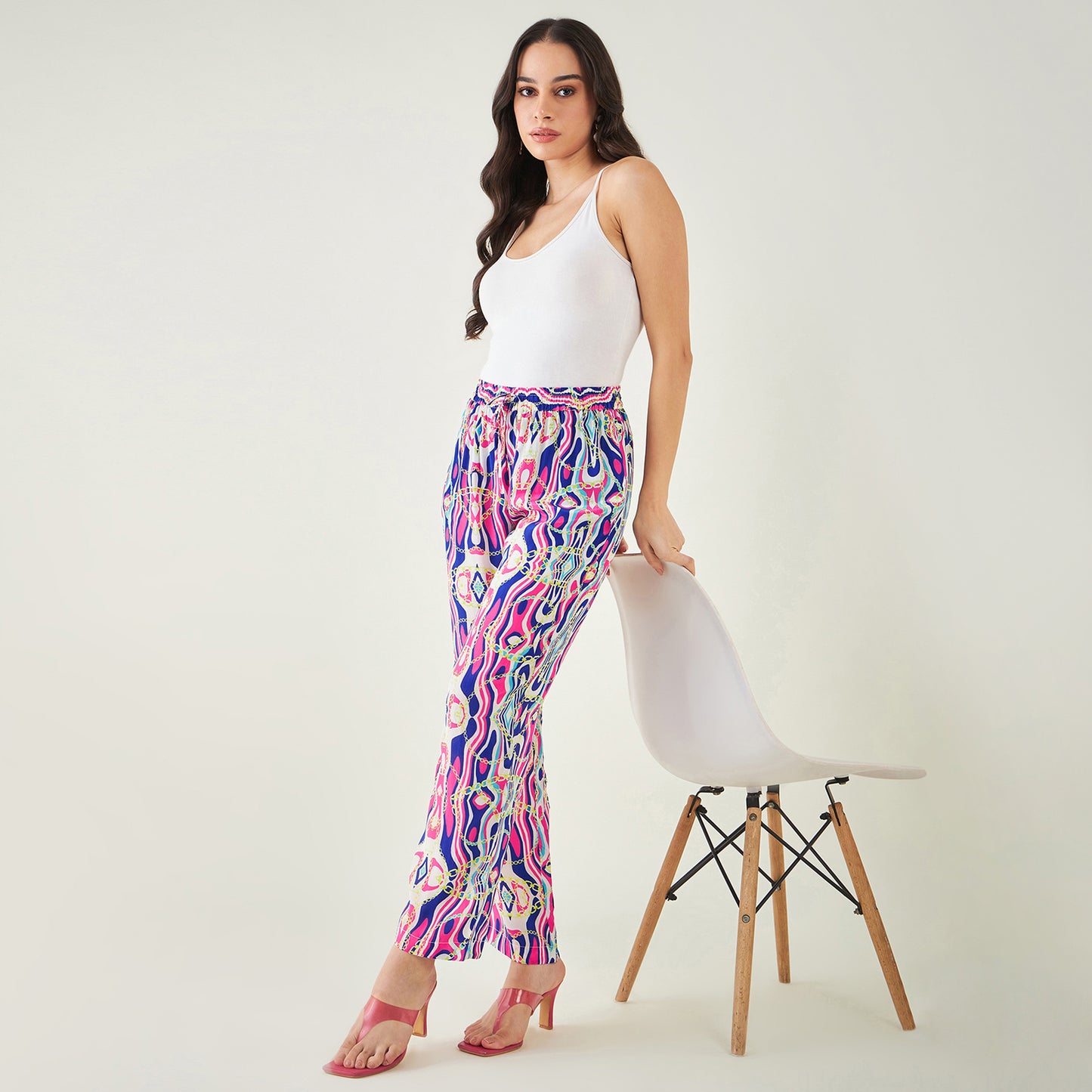 Blue and Pink Marine Wave Print Pants