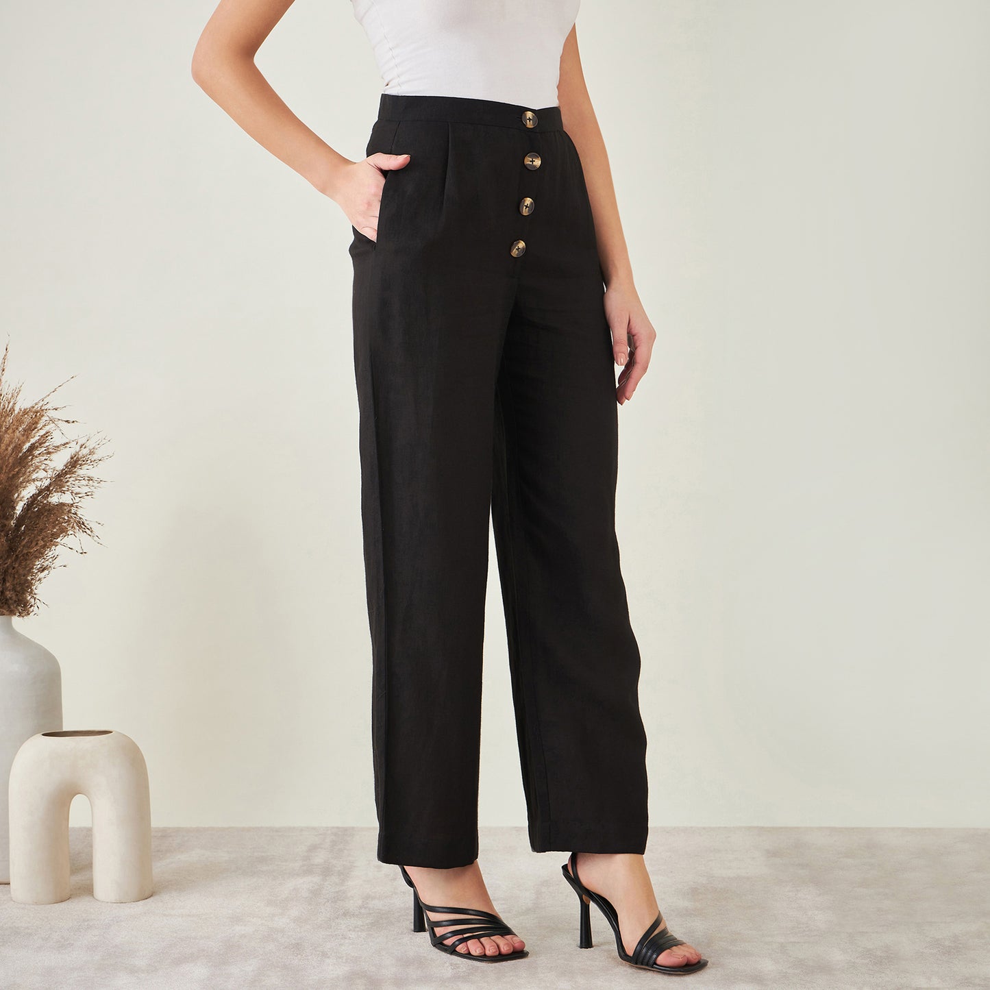 Black Linen High-Waisted Straight Pants