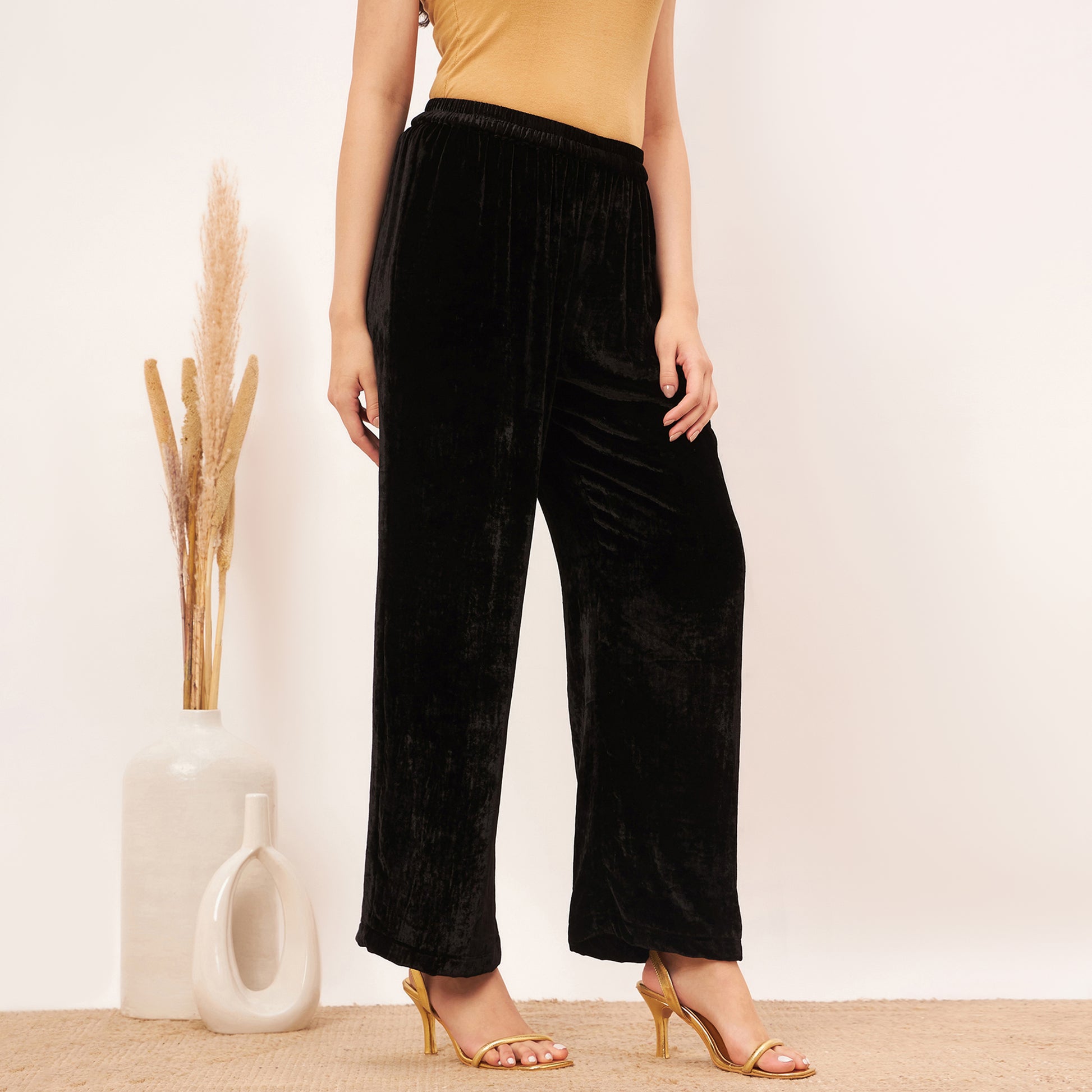 Black Silk Velvet Straight Pants Design by First Resort by Ramola