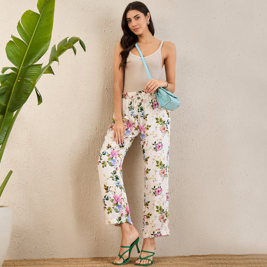 White and Pink Garden Print Straight Pants