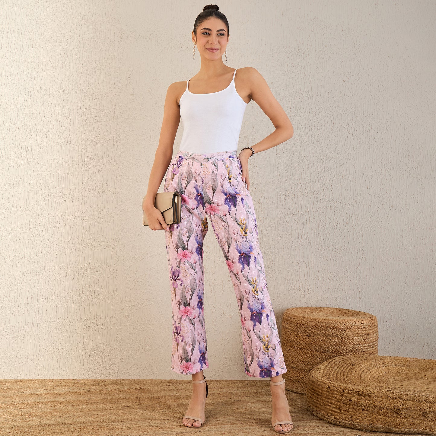 Baby Pink and Mauve Botanical Print Schiffli Straight Pants