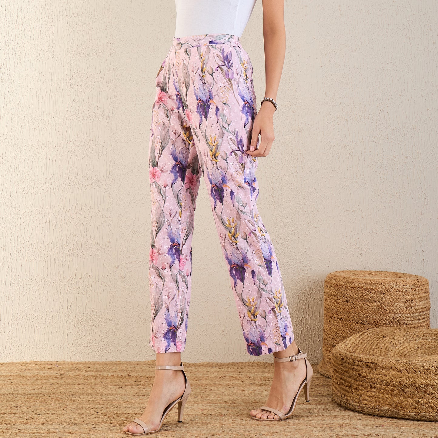 Baby Pink and Mauve Botanical Print Schiffli Straight Pants