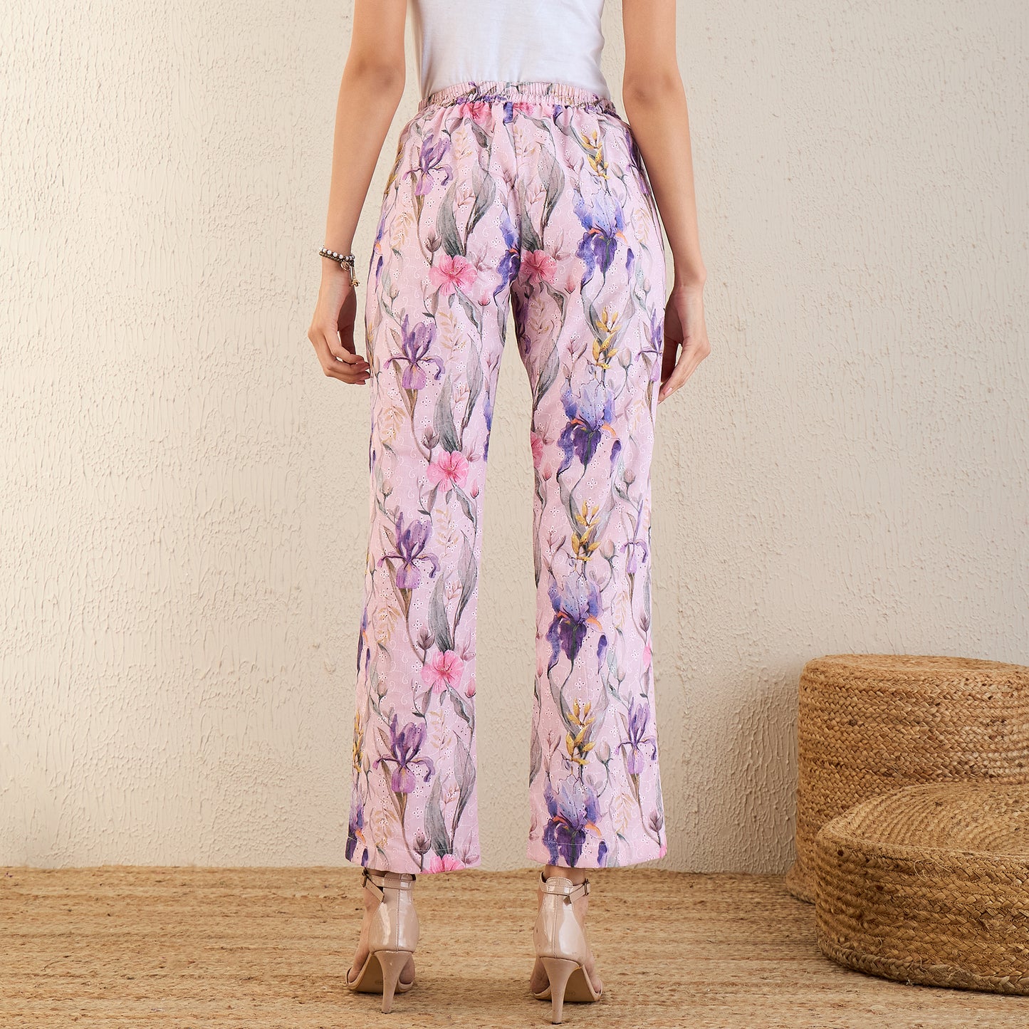 Baby Pink and Mauve Botanical Print Schiffli Straight Pants