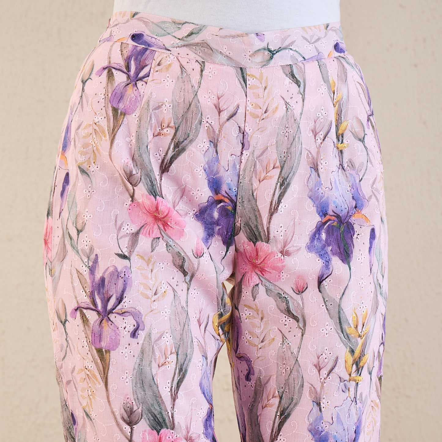 Baby Pink and Mauve Botanical Print Schiffli Straight Pants