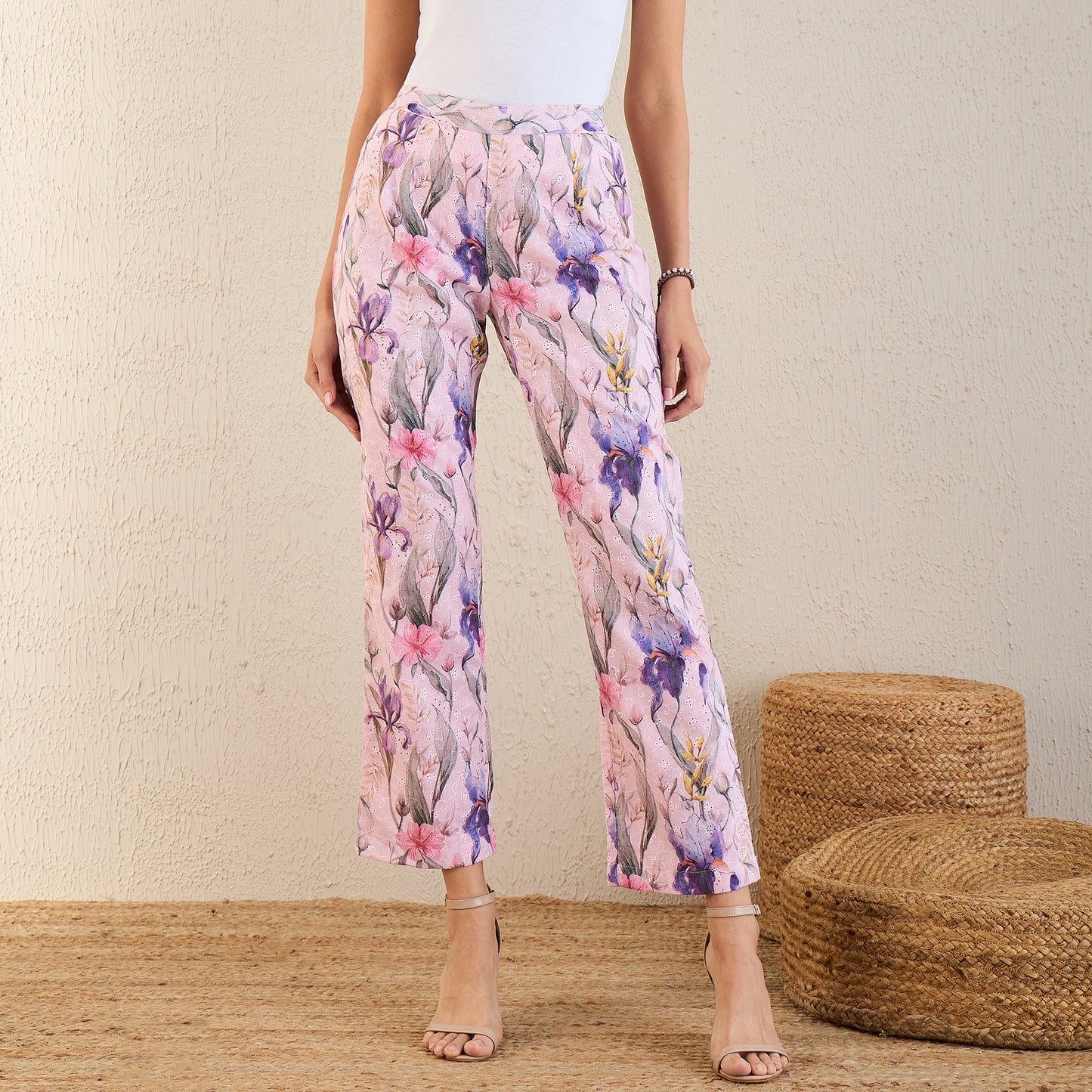 Baby Pink and Mauve Botanical Print Schiffli Straight Pants