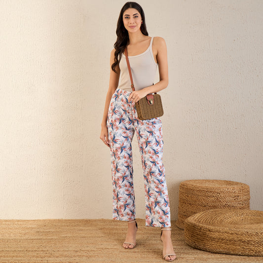 White and Indigo Blue Botanical Print Schiffli Straight Pants