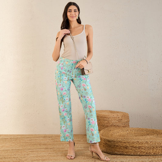 Aquamarine Floral Print Schiffli Straight Pants