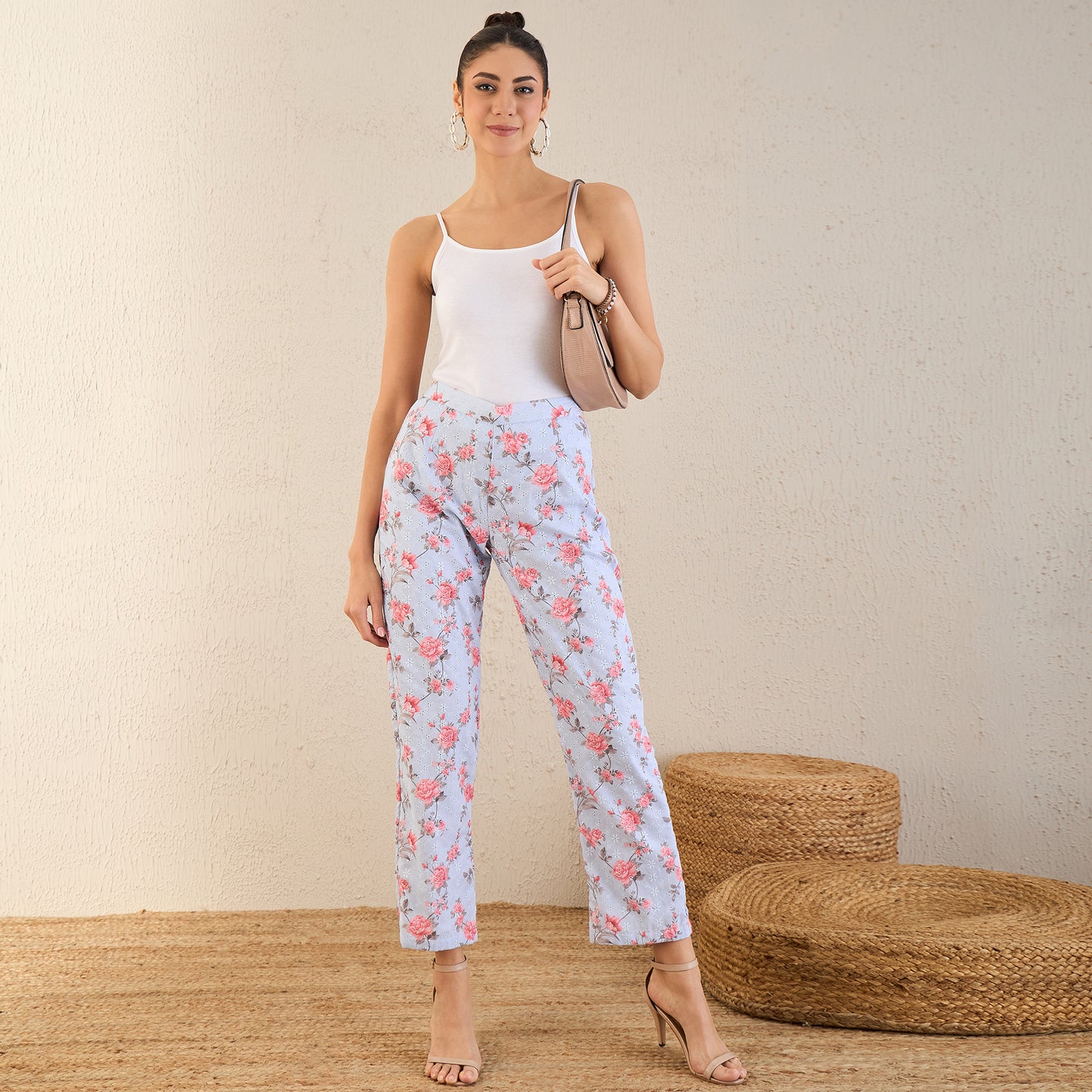 Ice Blue and Pink Floral Print Schiffli Straight Pants