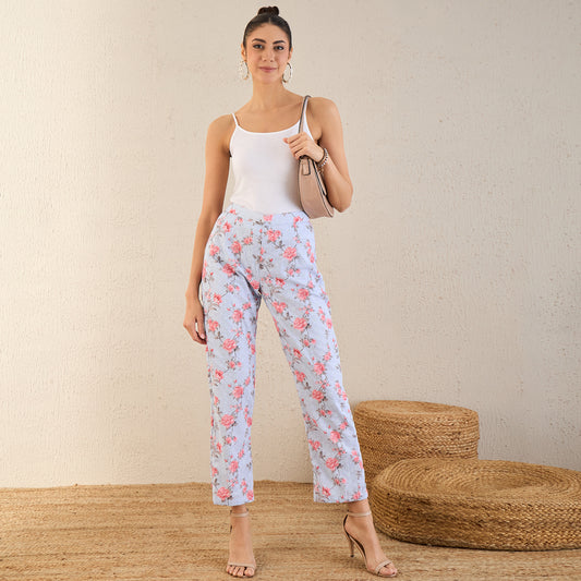 Ice Blue and Pink Floral Print Schiffli Straight Pants