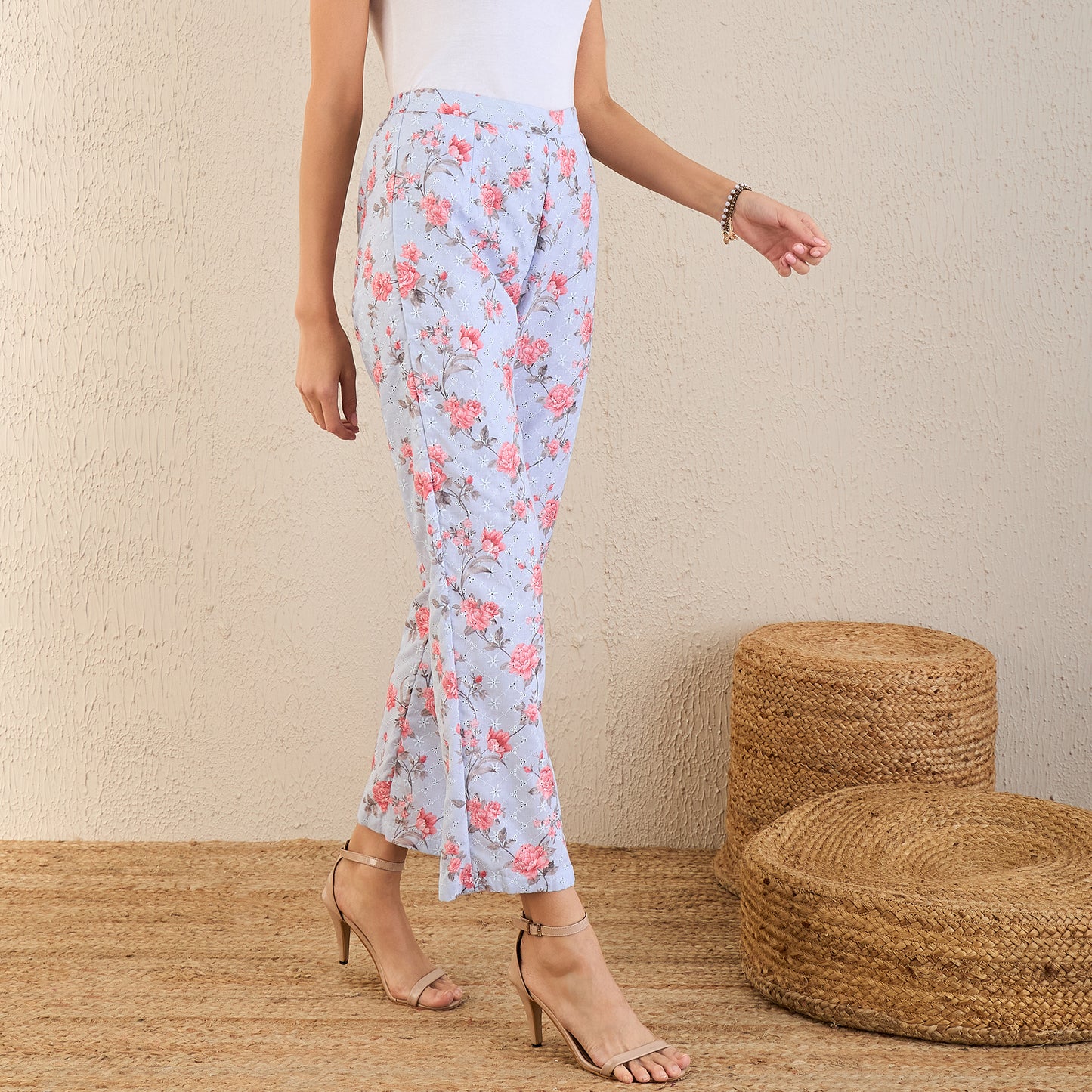 Ice Blue and Pink Floral Print Schiffli Straight Pants