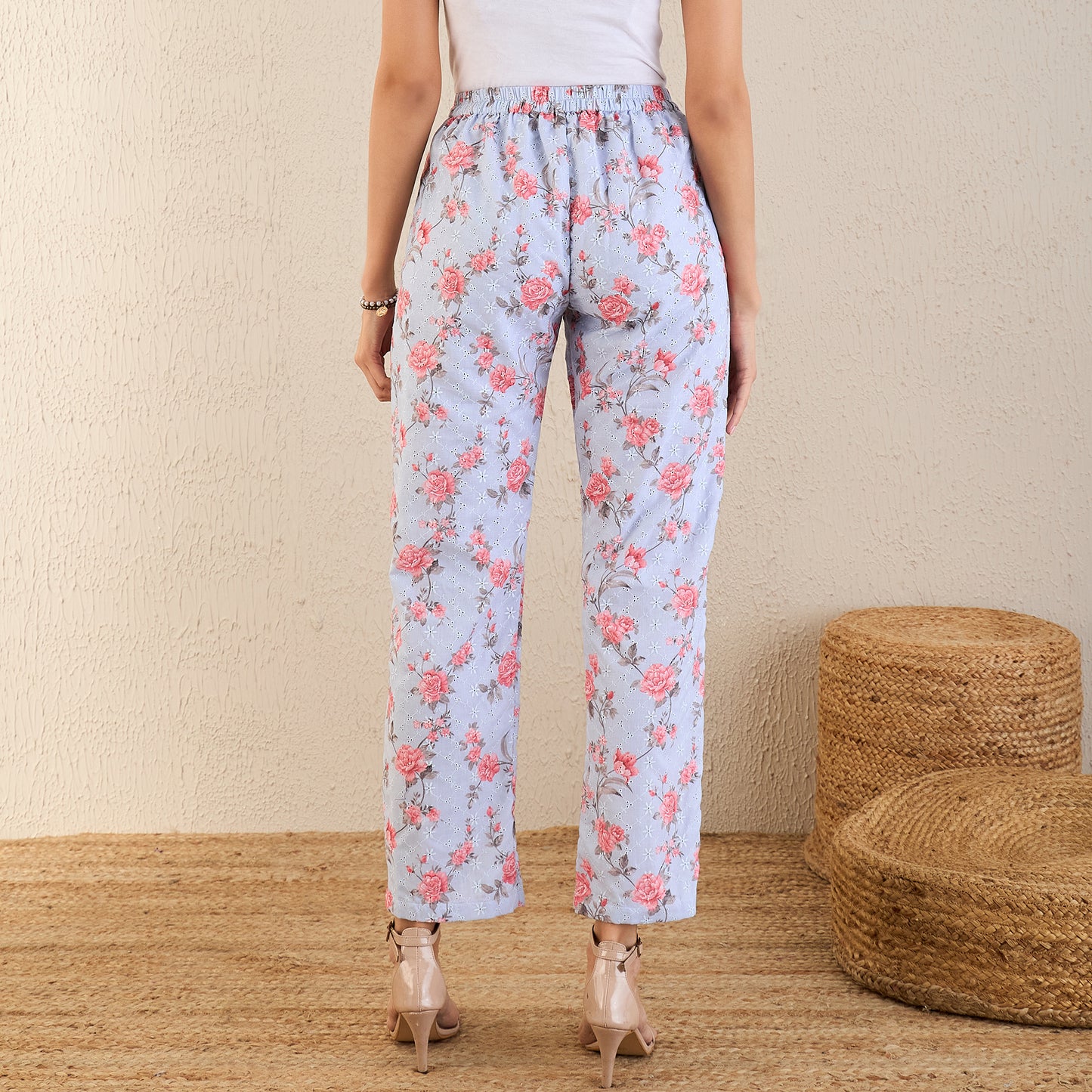 Ice Blue and Pink Floral Print Schiffli Straight Pants