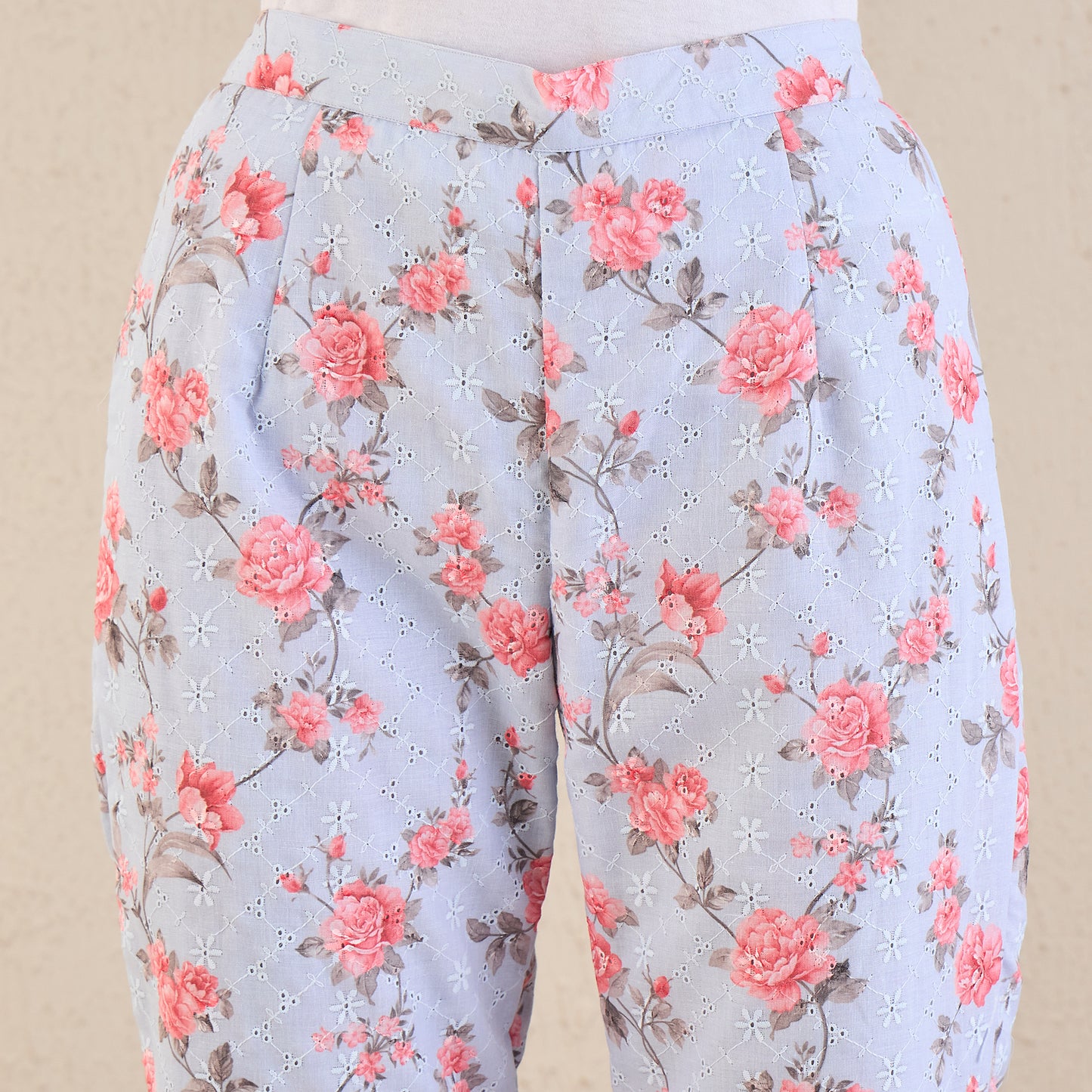 Ice Blue and Pink Floral Print Schiffli Straight Pants