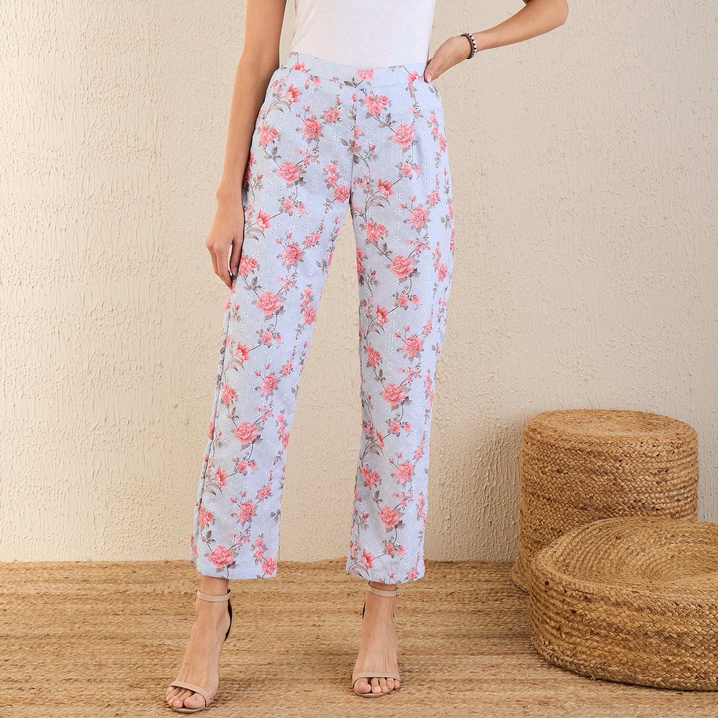 Ice Blue and Pink Floral Print Schiffli Straight Pants