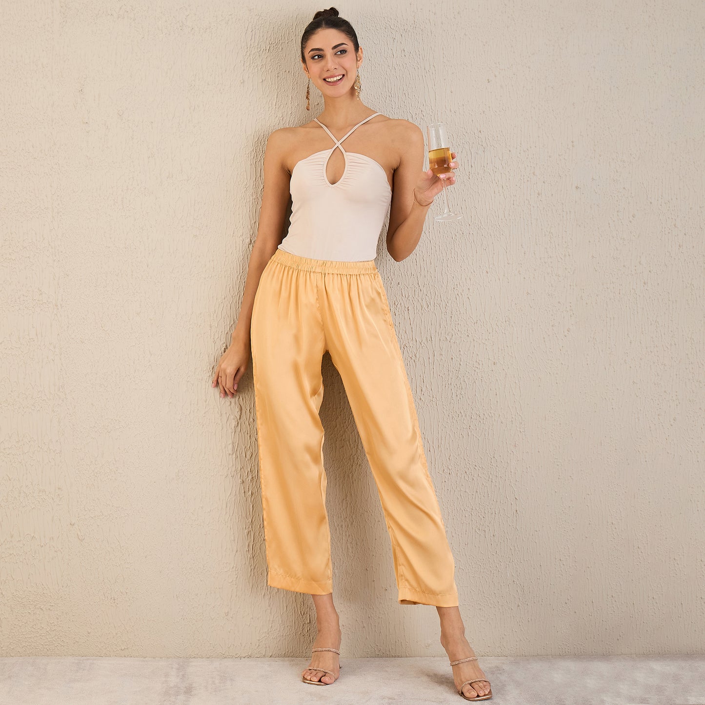 Golden Yellow Pintucked Straight Satin Pants