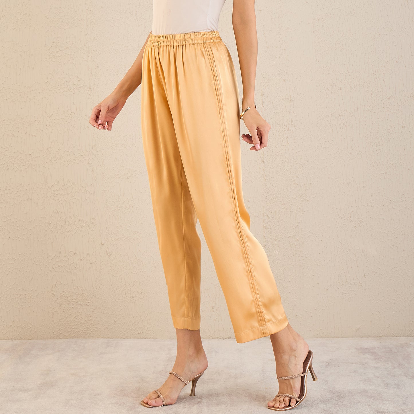 Golden Yellow Pintucked Straight Satin Pants