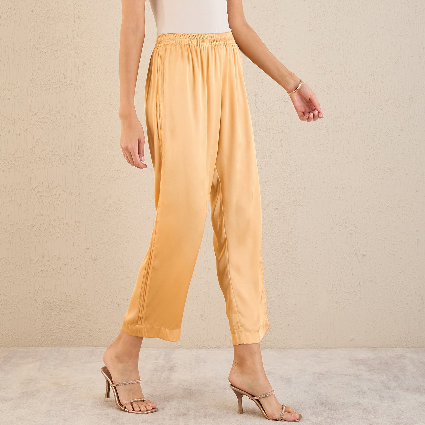 Golden Yellow Pintucked Straight Satin Pants