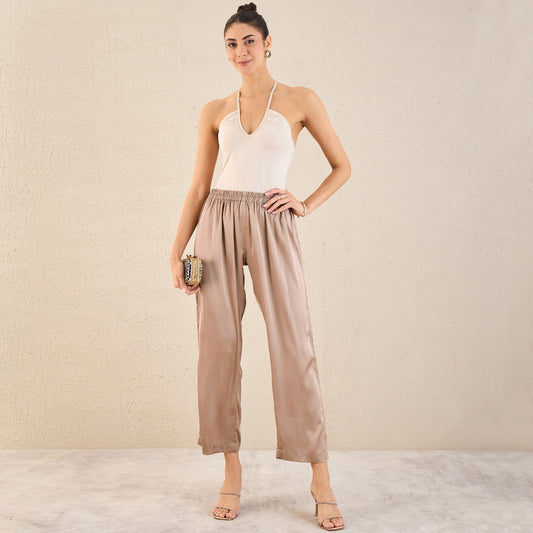 Hazel Brown Pintucked Straight Satin Pants