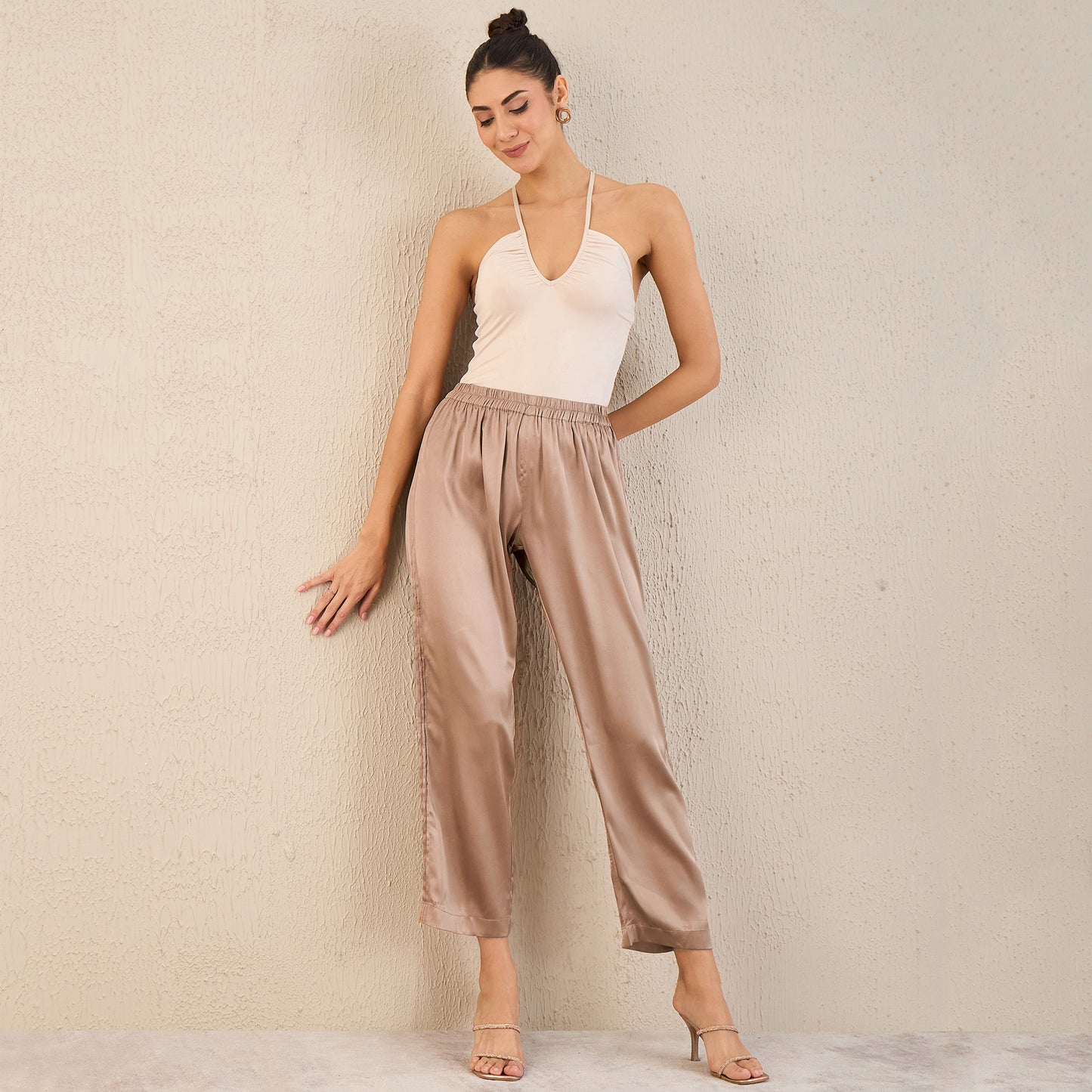 Hazel Brown Pintucked Straight Satin Pants