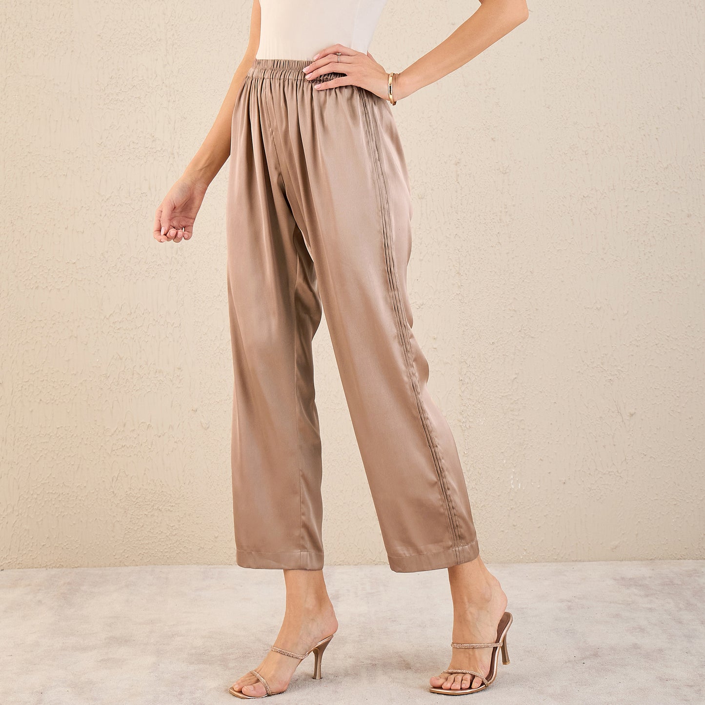 Hazel Brown Pintucked Straight Satin Pants