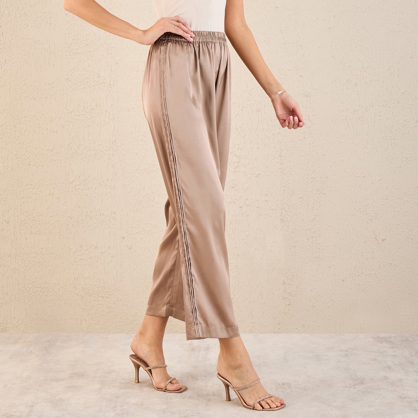 Hazel Brown Pintucked Straight Satin Pants