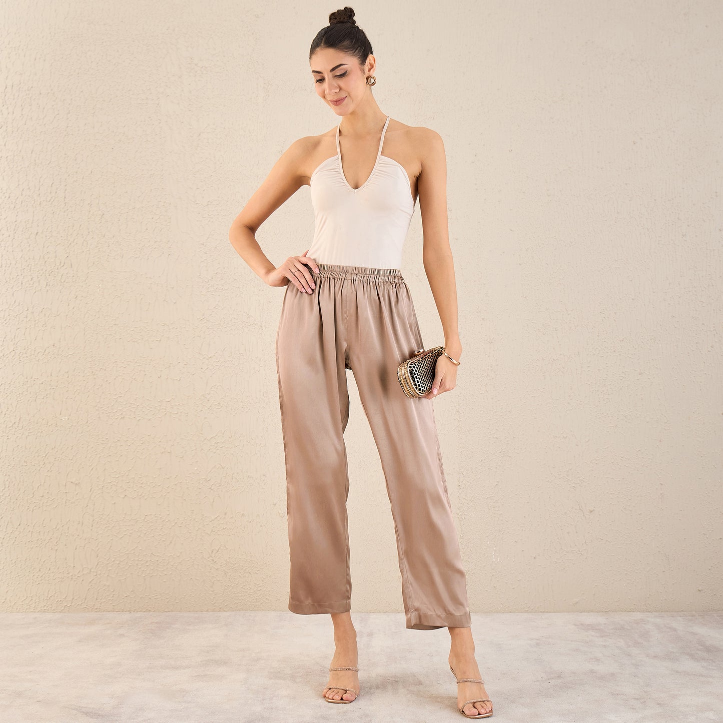 Hazel Brown Pintucked Straight Satin Pants