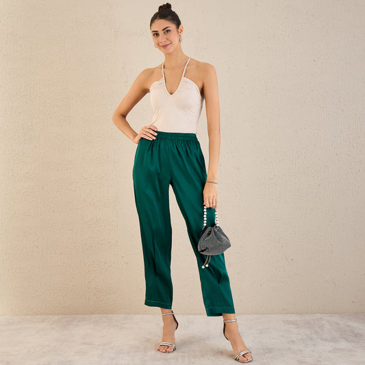 Teal Crystal Embellished Satin Straight Pants