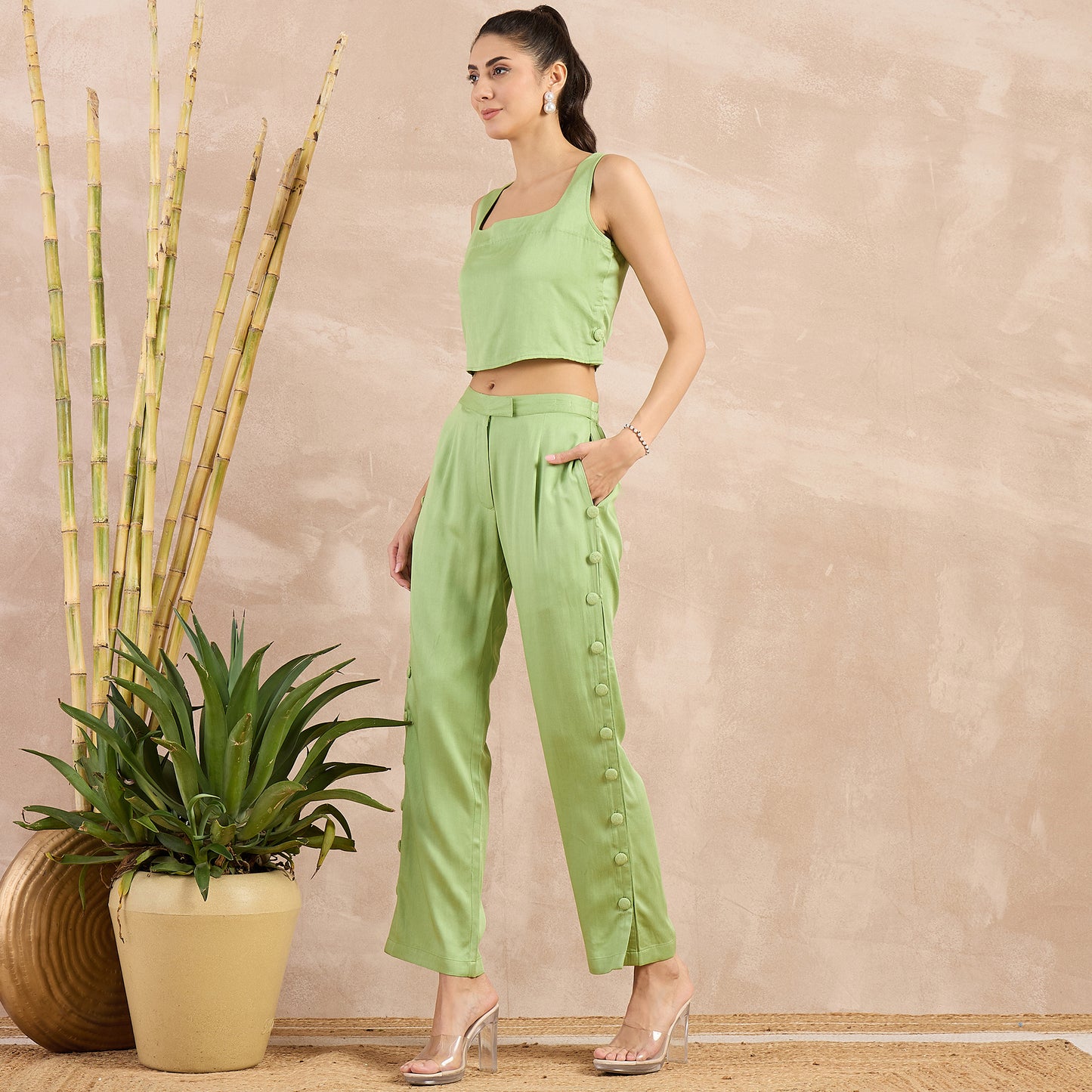 Pastel Green Button Down Straight Pants