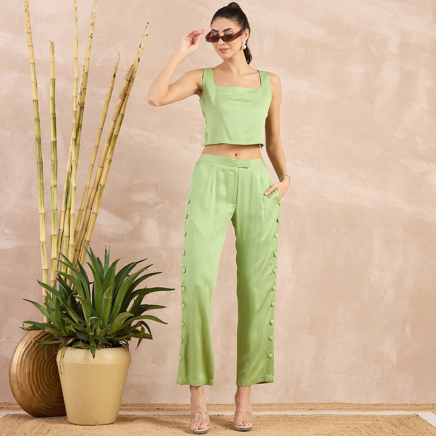 Pastel Green Button Down Straight Pants