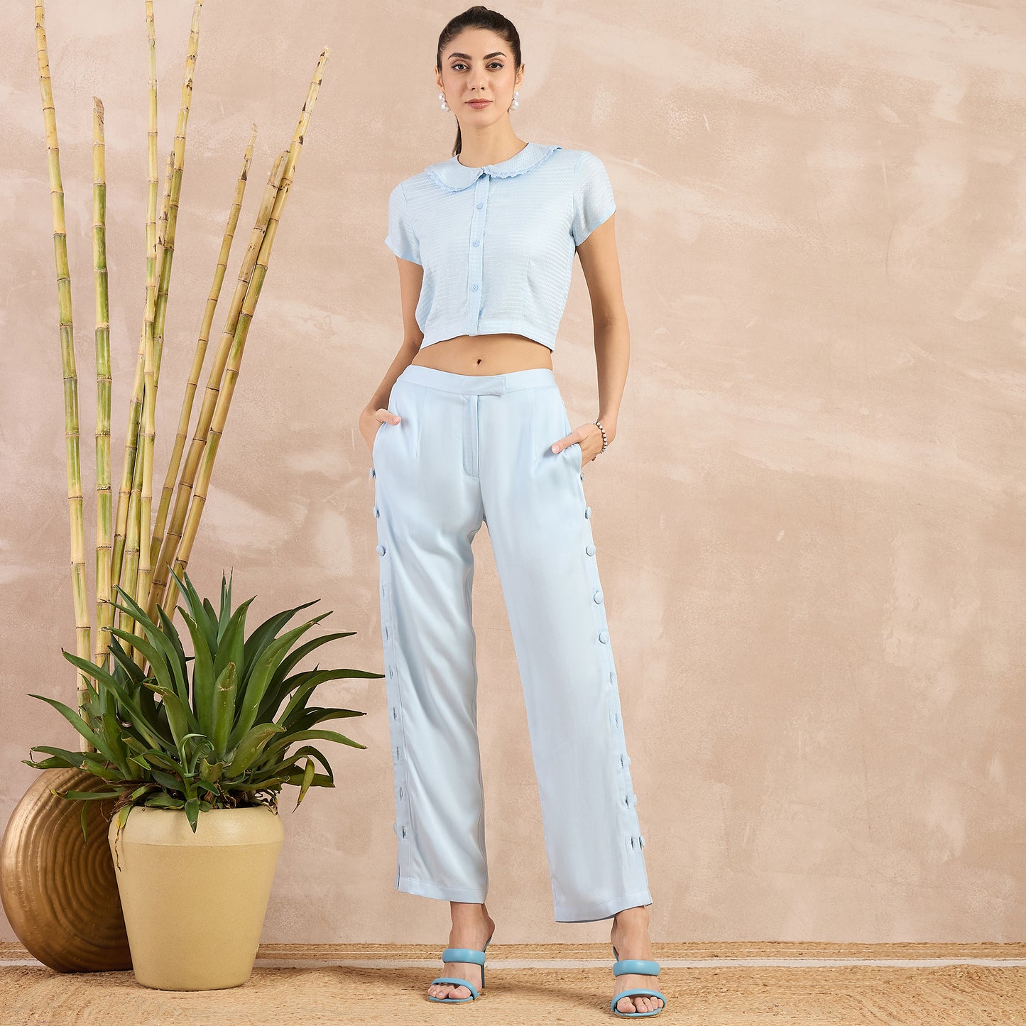 Sky Blue Button Down Straight Pants