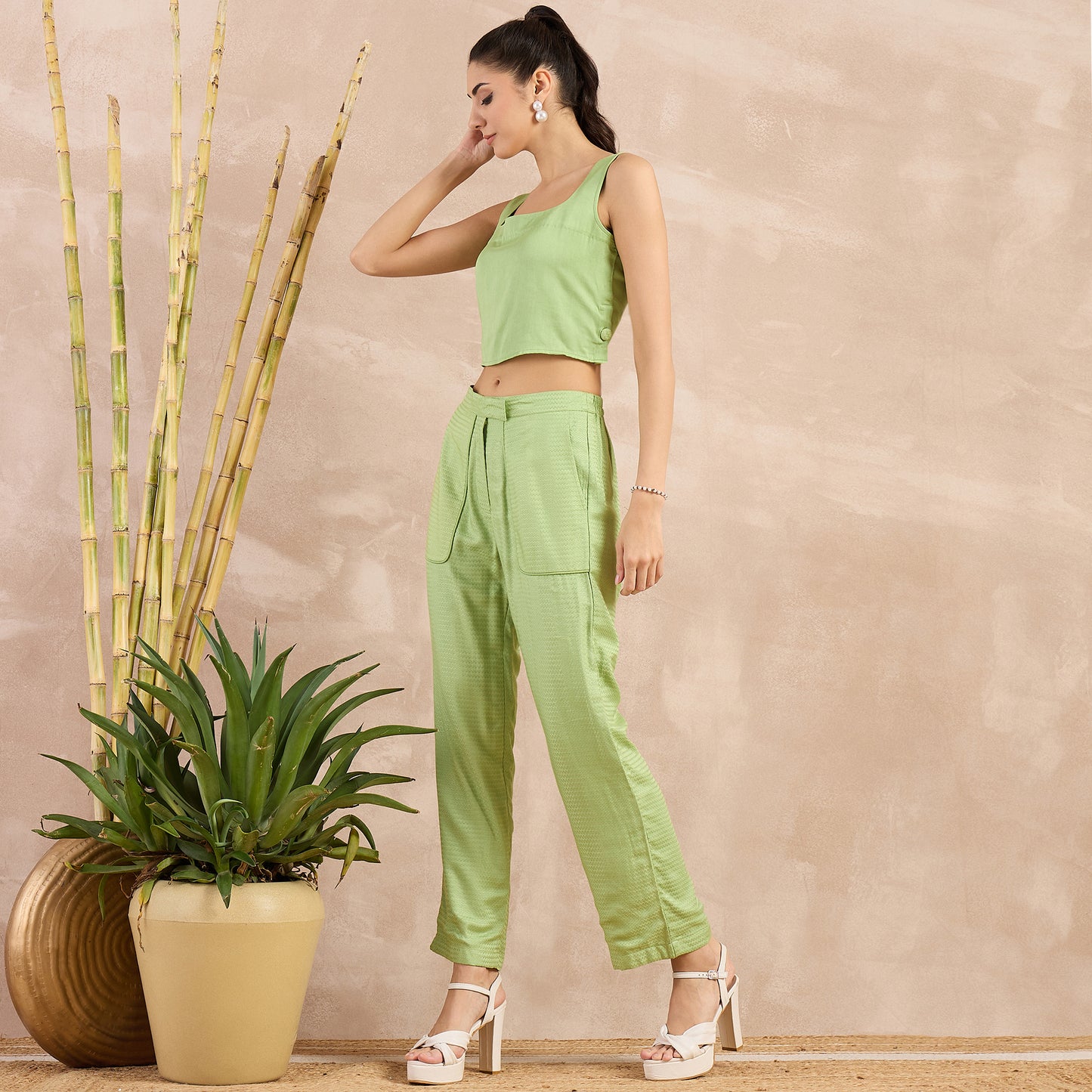 Pastel Green Herringbone Straight Trouser