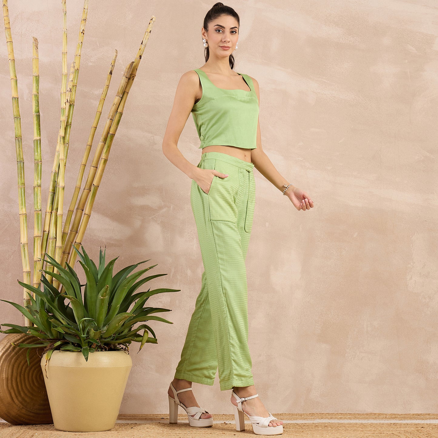 Pastel Green Herringbone Straight Trouser