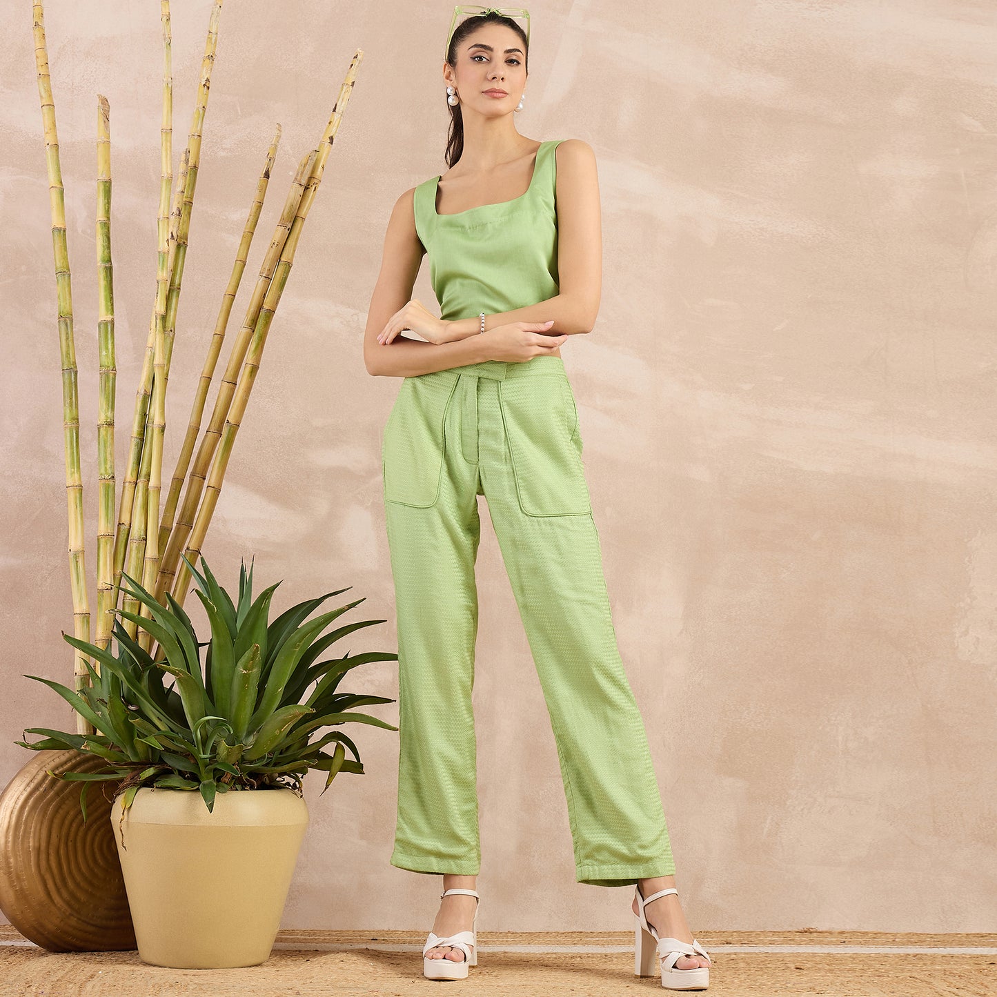 Pastel Green Herringbone Straight Trouser