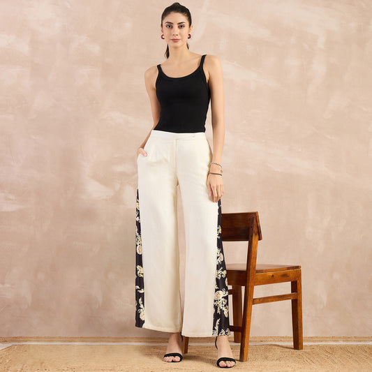 Off-white and Black Baroque Printed Linen Flared Pant