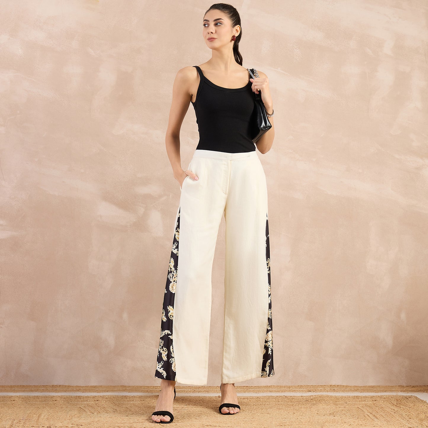 Off-white and Black Baroque Printed Linen Flared Pant