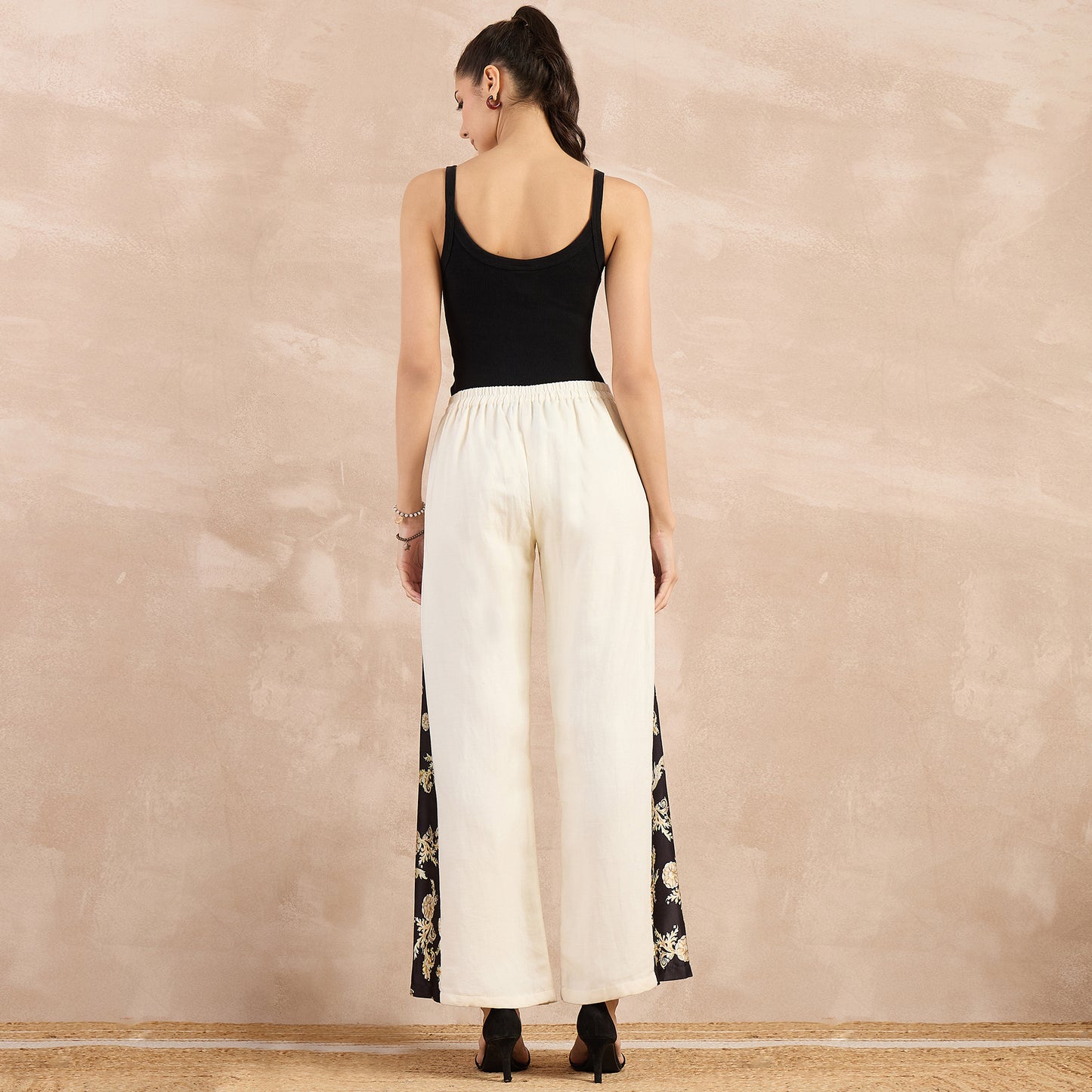 Off-white and Black Baroque Printed Linen Flared Pant