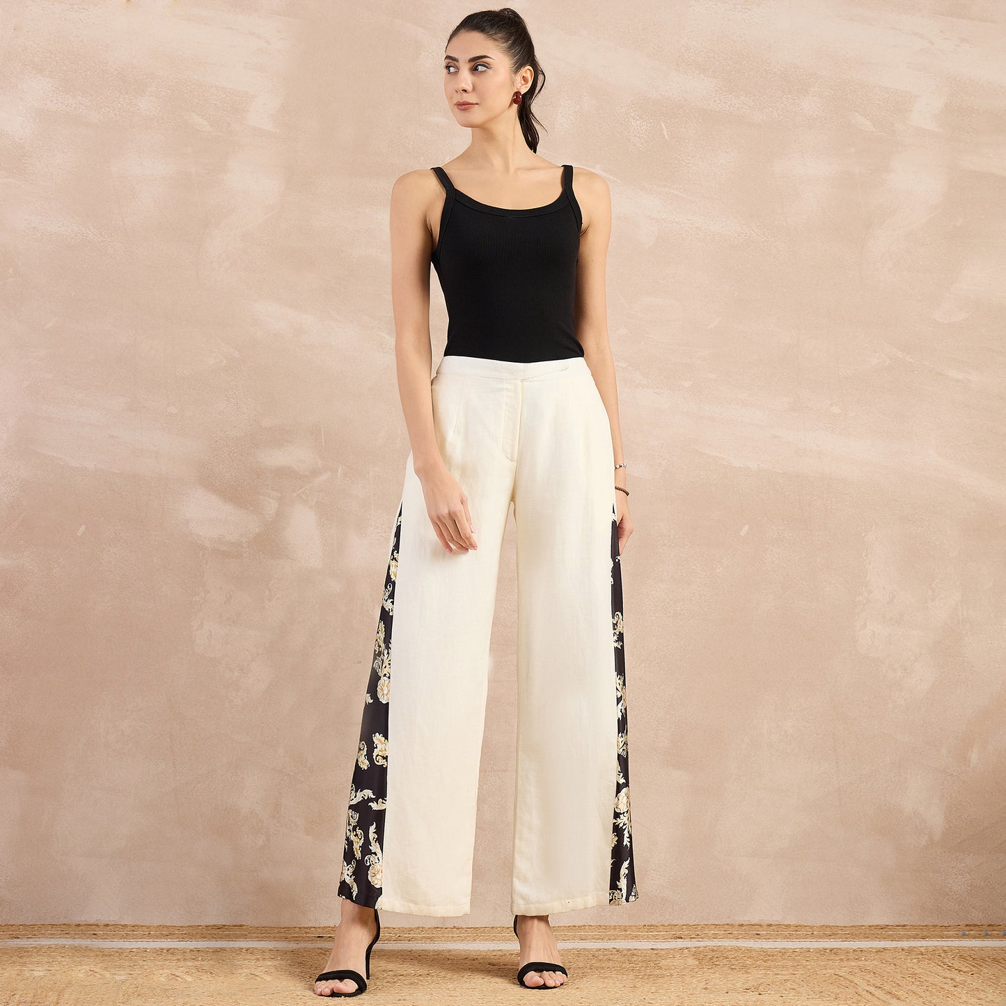 Off-white and Black Baroque Printed Linen Flared Pant