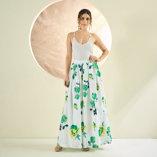 White and Green Floral Wide Leg Pants