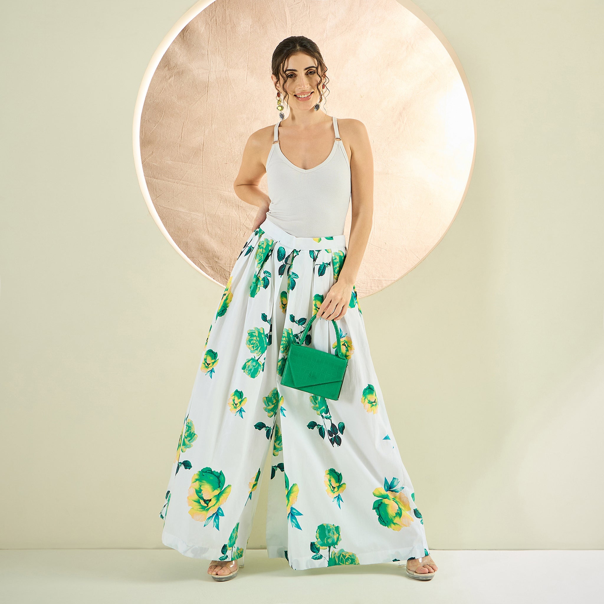 Green floral pants hotsell